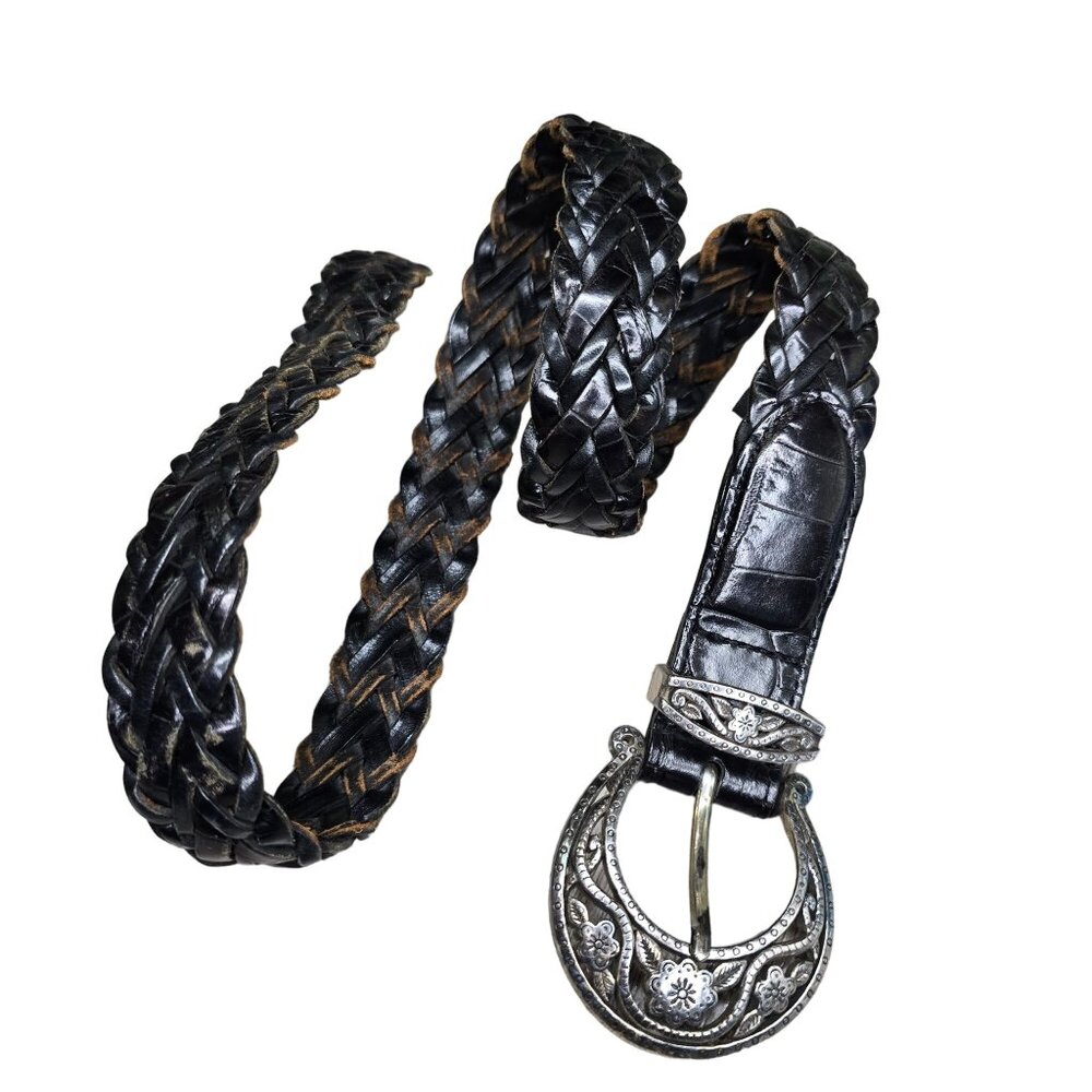 Vintage Brighton Braided Leather Belt With Ornate Metal Buckle Size 30 M Black